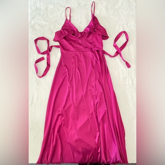 BNWT Hot Pink Shein Belle Maxi Dress Flowing Pretty Feminine Wrap Tie Wedding - Picture 8 of 8